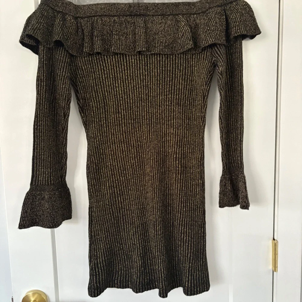 Venus Metallic Gold Ribbed Knit Ruffle Mesh Dress XL Bell Sleeve Mock Neck Party